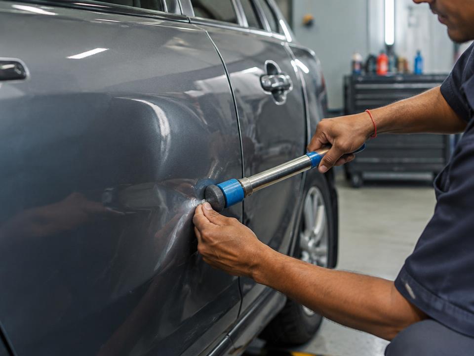 Technician repairing a dent on a car door