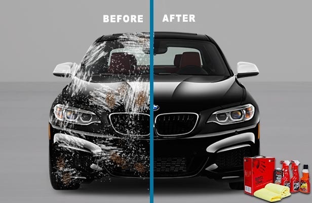 Side-by-side before and after images of a damaged car restored with expert denting and painting services