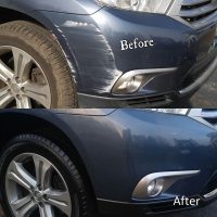 Before and after images of a broken car repaired with denting and painting services.